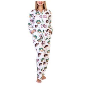 Angelina Womens Pajama Set Sleepwear Fleece Notch‎ Collar Pockets Donut Medium